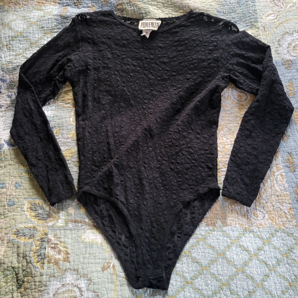 Forenza | 90s Vintage Sheer Black Floral Lace Bodysuit